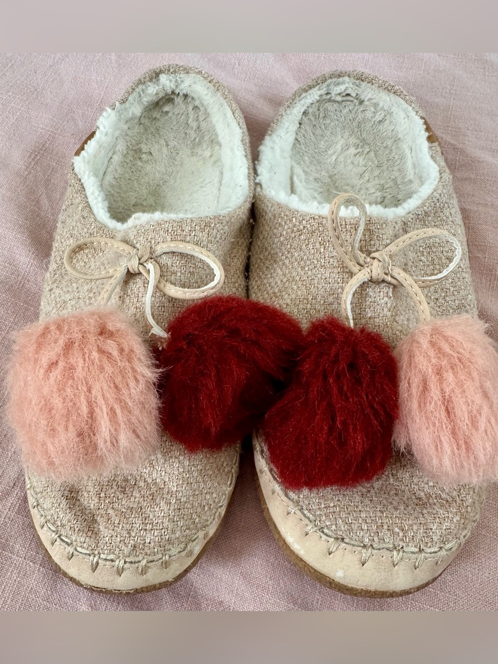 TOMS women’s hard sole slippers, Pom-Pom Moccasin in Beige, slip on